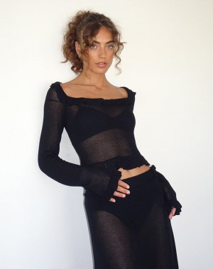 Női Motel Rocks Ayako Frill Fine Knit Póló Fekete | MLP4994QR