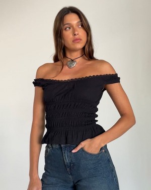 Női Motel Rocks Xavinia Shirred Bardot Mellény Fekete | HQM7344NK